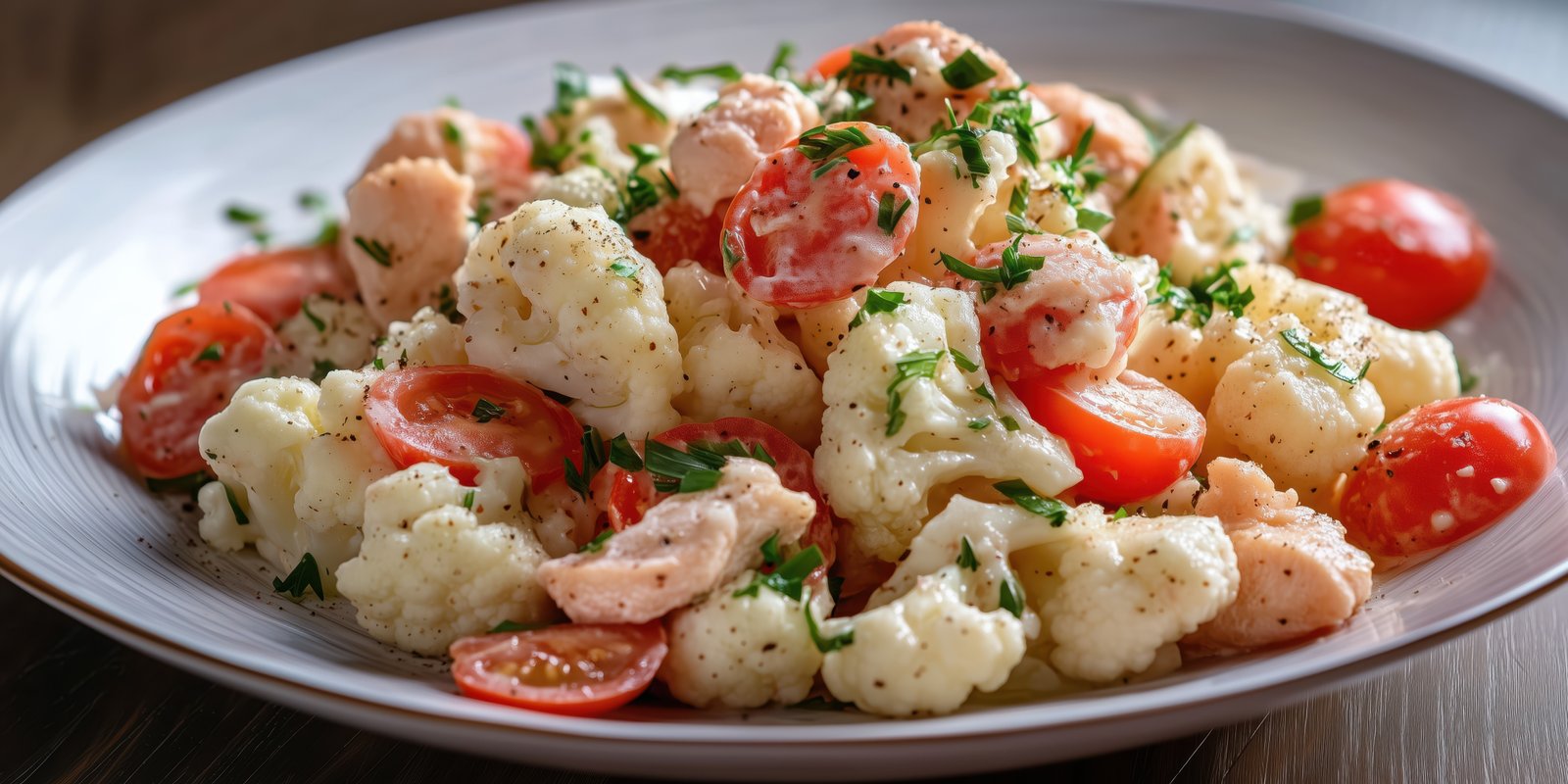 Fresh cauliflower salad with tomatoes and herbs served on a white plate at a casual dining setting